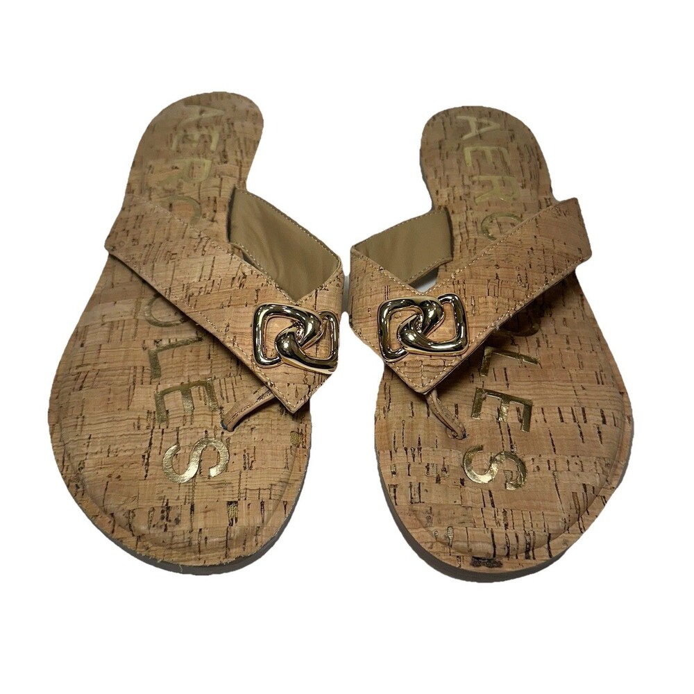 Aerosoles Women’s Size 9 Cork Thong Sandals Gold Hardware
